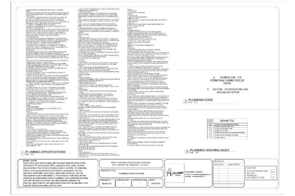 Plumbing Specifications and drawing index